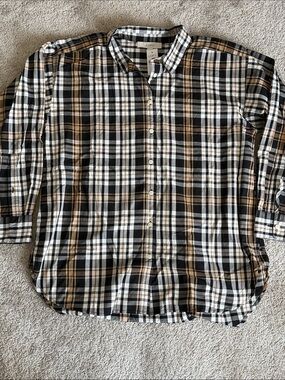 LOFT Black White Tan Plaid Button-Down Shirt